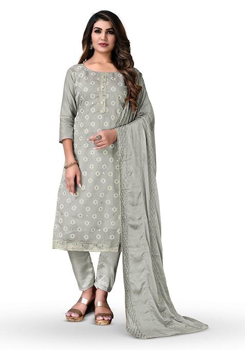 Grey Floral Print Poly Blend Kurta Set