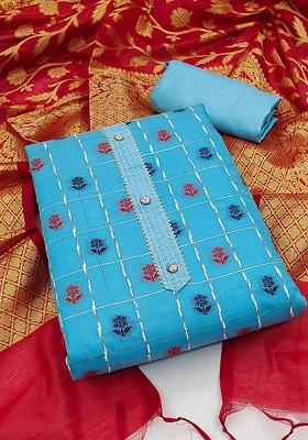 Blue Woven Poly Blend Kurta Set
