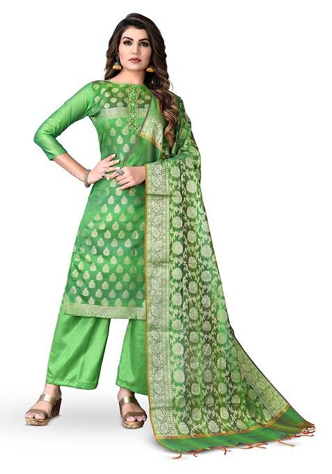 Green Zari Work Blended Straight Kurta Set