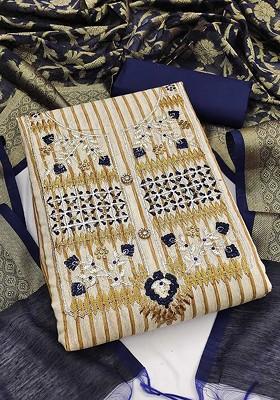 Beige Striped Print Poly Blend Kurta Set