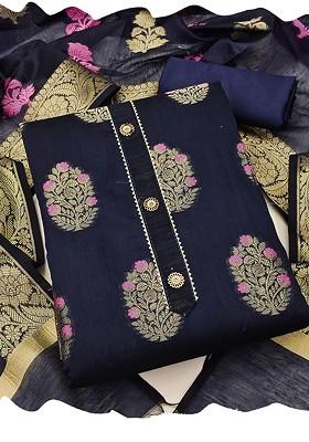 Navy Blue Woven Poly Blend Kurta Set