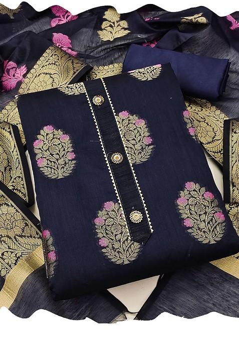 Navy Blue Woven Poly Blend Kurta Set