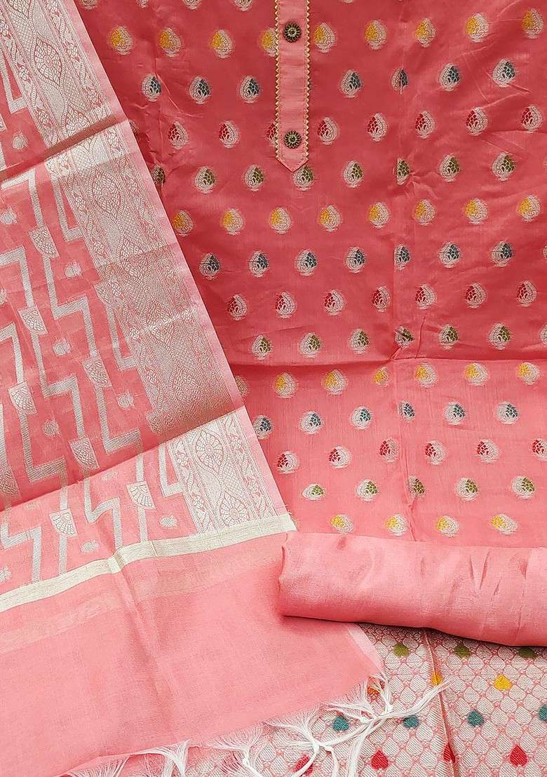 Peach Embroidered Blended Straight Kurta Set - Indya