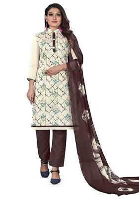 White Floral Print Poly Blend Kurta Set
