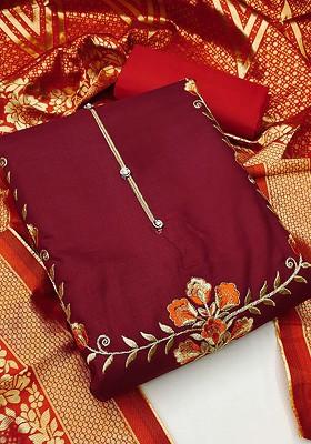 Maroon Embroidered Poly Blend Kurta Set