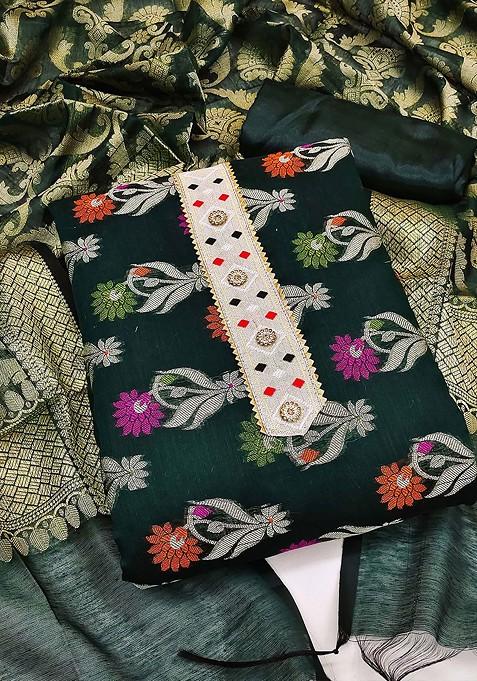 Green Woven Banarasi Jacquard Kurta Set