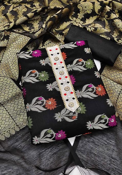 Black Embroidered Blended Straight Kurta Set