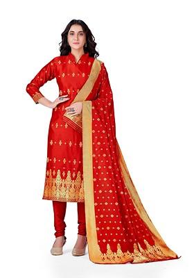 Red Woven Poly Blend Kurta Set