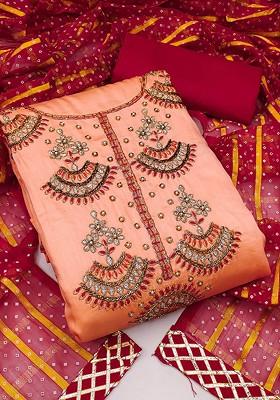 Peach Embellished Poly Blend Kurta Set