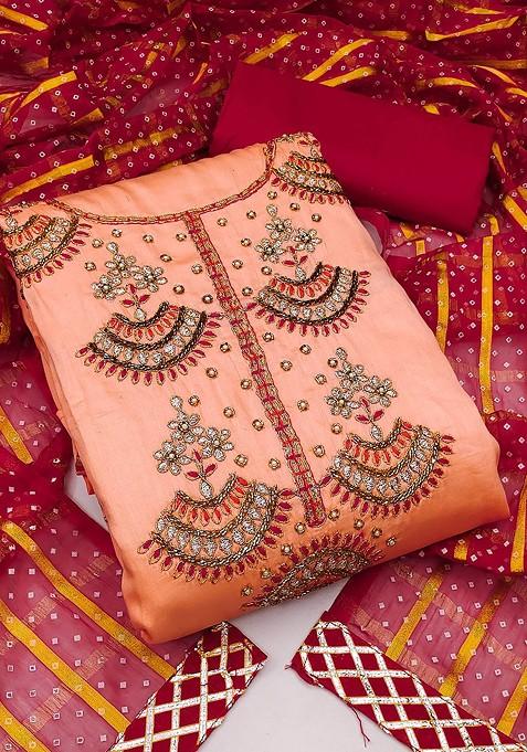 Peach Embellished Poly Blend Kurta Set
