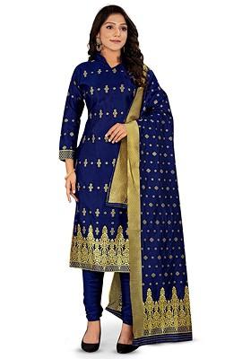 Navy Blue Woven Poly Blend Kurta Set