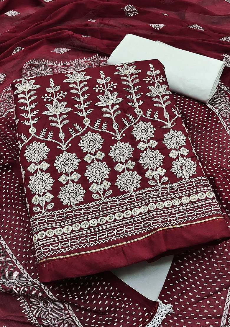 Maroon Embroidered Pure Cotton Kurta Set - Indya