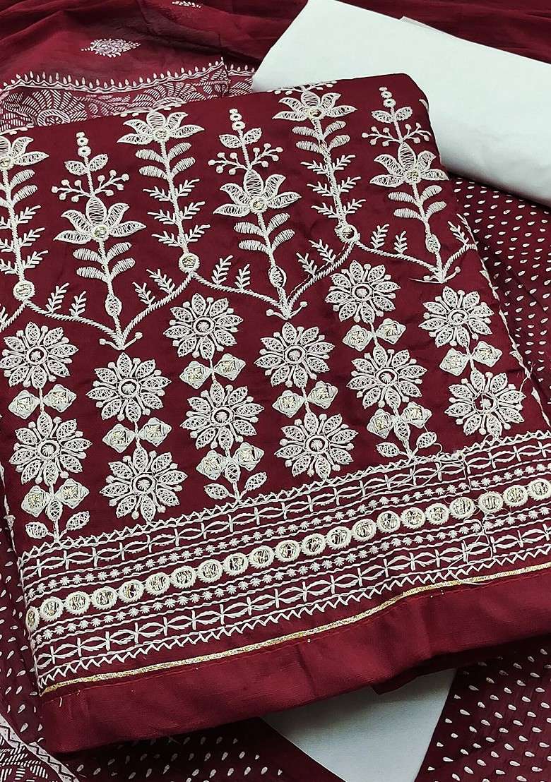 Maroon Embroidered Pure Cotton Kurta Set - Indya