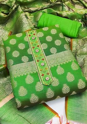 Green Woven Poly Blend Kurta Set