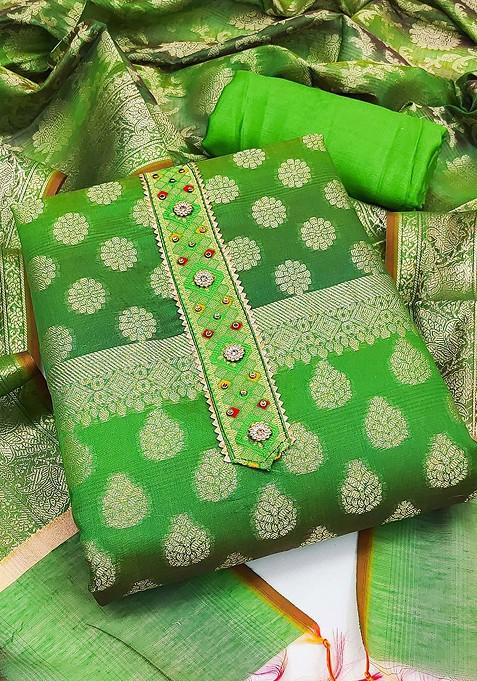 Green Woven Poly Blend Kurta Set