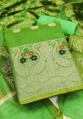 Green Woven Poly Blend Kurta Set