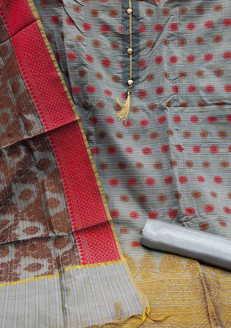Grey Jacquard Jacquard Straight Kurta Set - Indya
