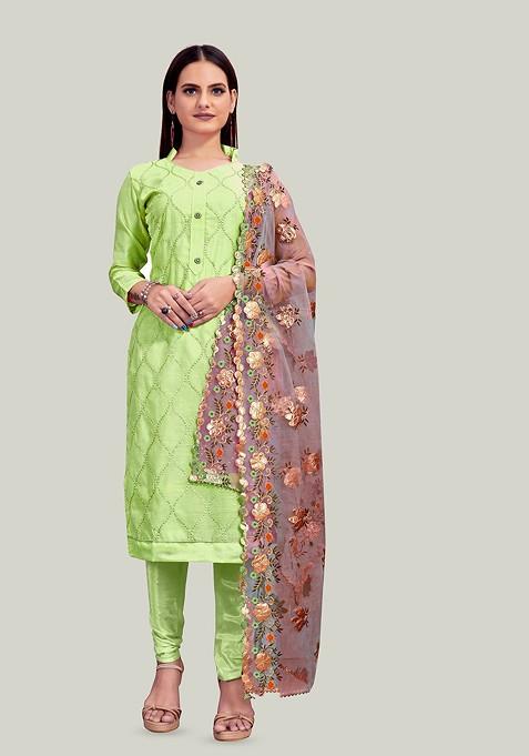Green Embroidered Poly Blend Kurta Set