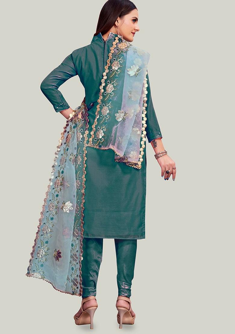 Navy Blue Embroidered Chanderi Kurta Set - Indya