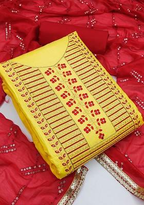 Yellow Embroidered Poly Blend Kurta Set