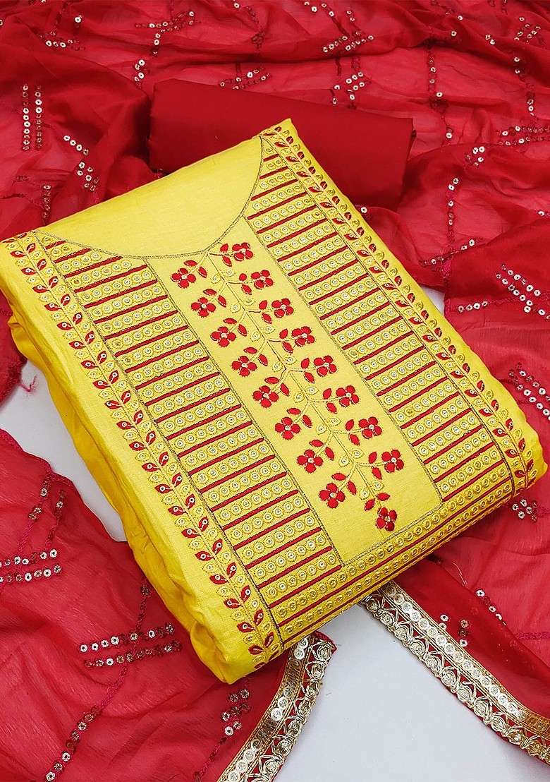 Yellow Embroidered Blended Punjabi Suit - Indya