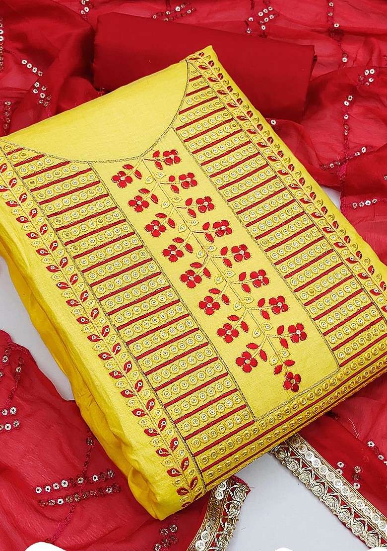 Yellow Embroidered Blended Punjabi Suit - Indya