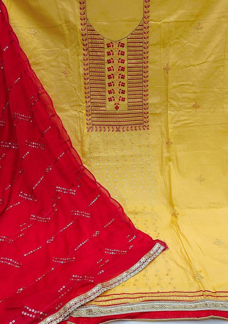 Yellow Embroidered Blended Punjabi Suit - Indya