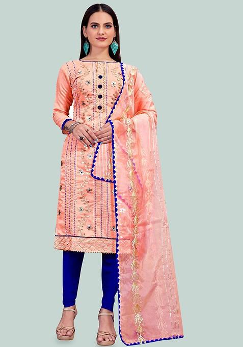 Peach Embroidered Poly Blend Kurta Set