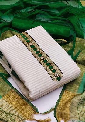 White Striped Print Banarasi Jacquard Kurta Set