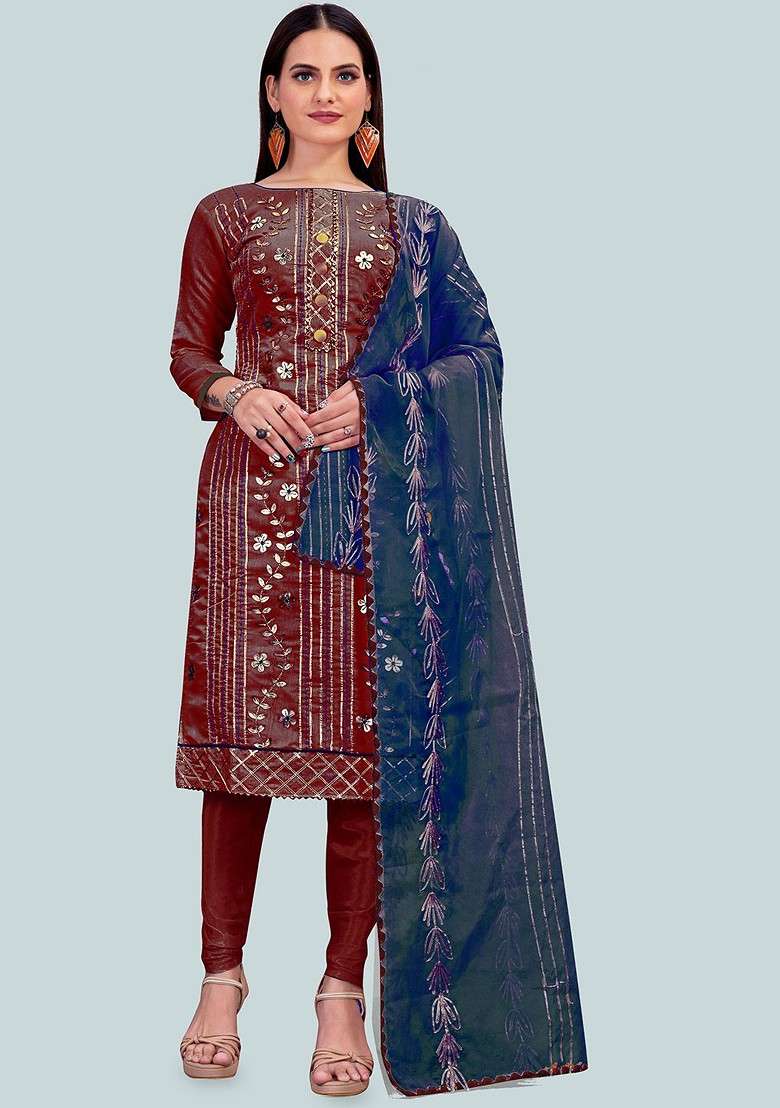 Maroon Embroidered Blended Pakistani Suit Set - Indya