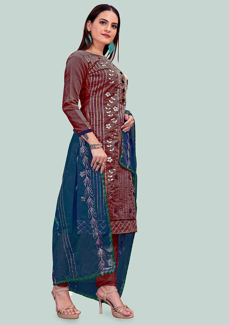 Maroon Embroidered Blended Pakistani Suit Set - Indya