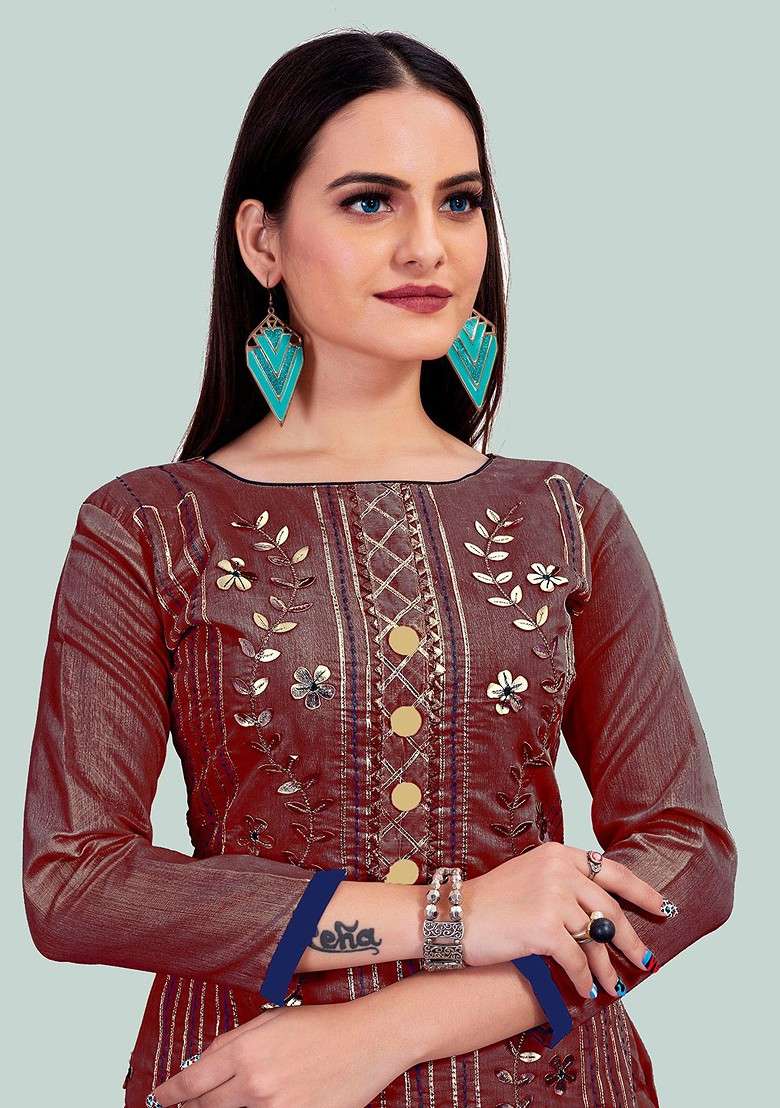 Maroon Embroidered Blended Pakistani Suit Set - Indya