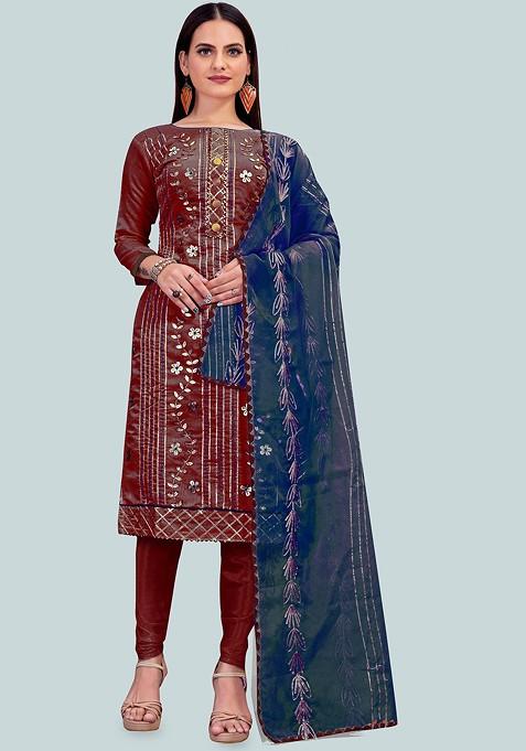 Maroon Embroidered Blended Pakistani Suit Set