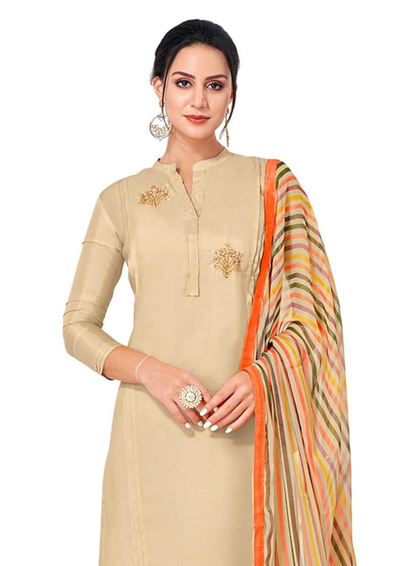 Beige Embellished Poly Blend Kurta Set - Indya