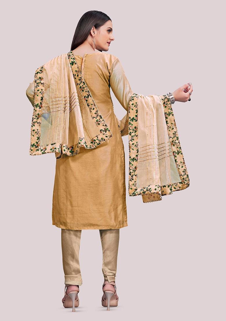 Beige Floral Print Poly Blend Kurta Set - Indya