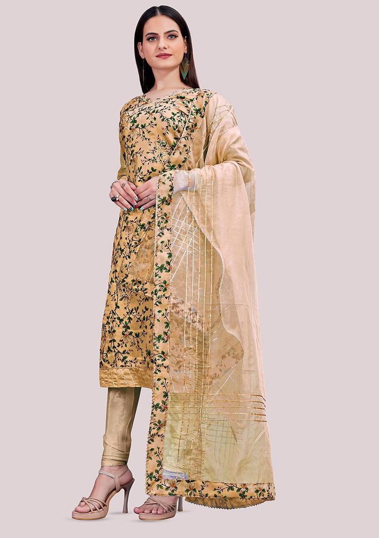 Beige Floral Print Poly Blend Kurta Set - Indya