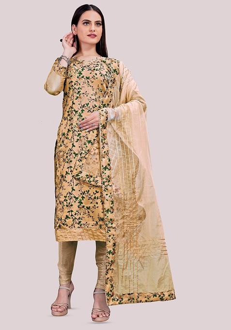 Beige Embroidered Poly Pakistani Suit Set — view on Indya
