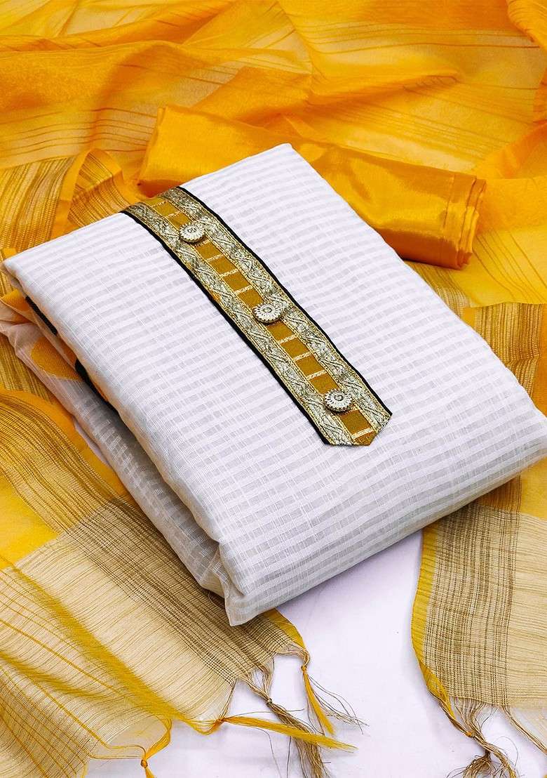White Striped Poly Straight Kurta Set - Indya