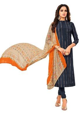 Blue Striped Print Poly Blend Kurta Set
