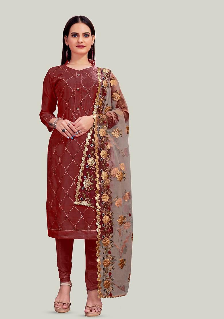Maroon Embroidered Poly Blend Kurta Set