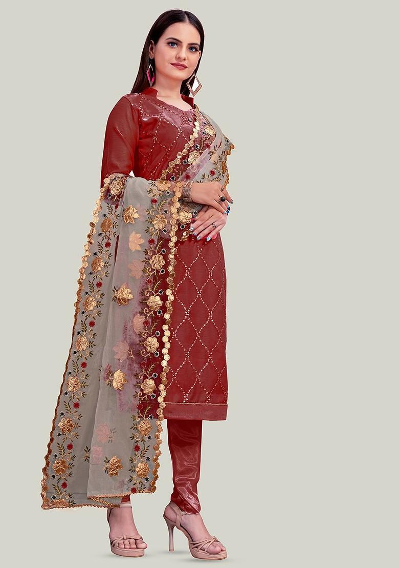 Maroon Embroidered Poly Blend Kurta Set