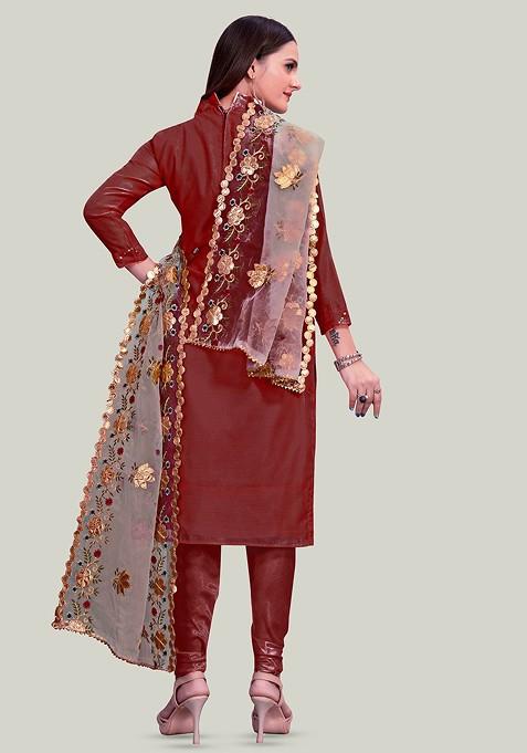 Maroon Embroidered Poly Blend Kurta Set