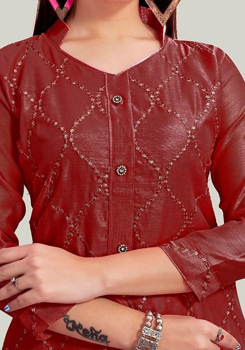 Maroon Embroidered Poly Blend Kurta Set