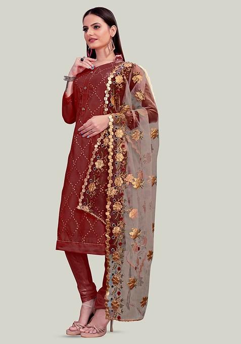 Maroon Embroidered Poly Blend Kurta Set