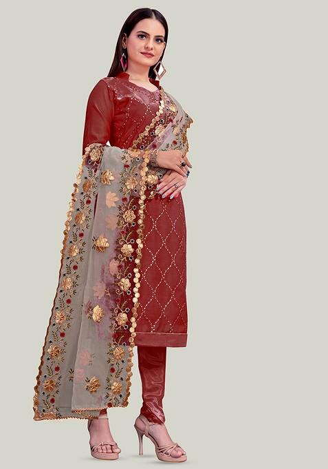 Maroon Embroidered Poly Blend Kurta Set