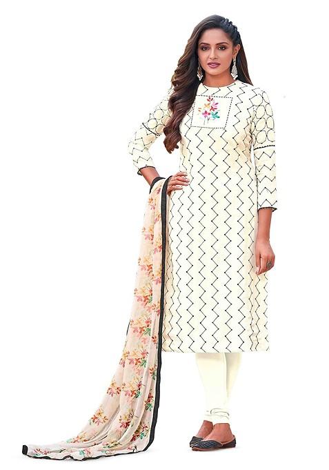 Cream Striped Blended Straight Kurta Set