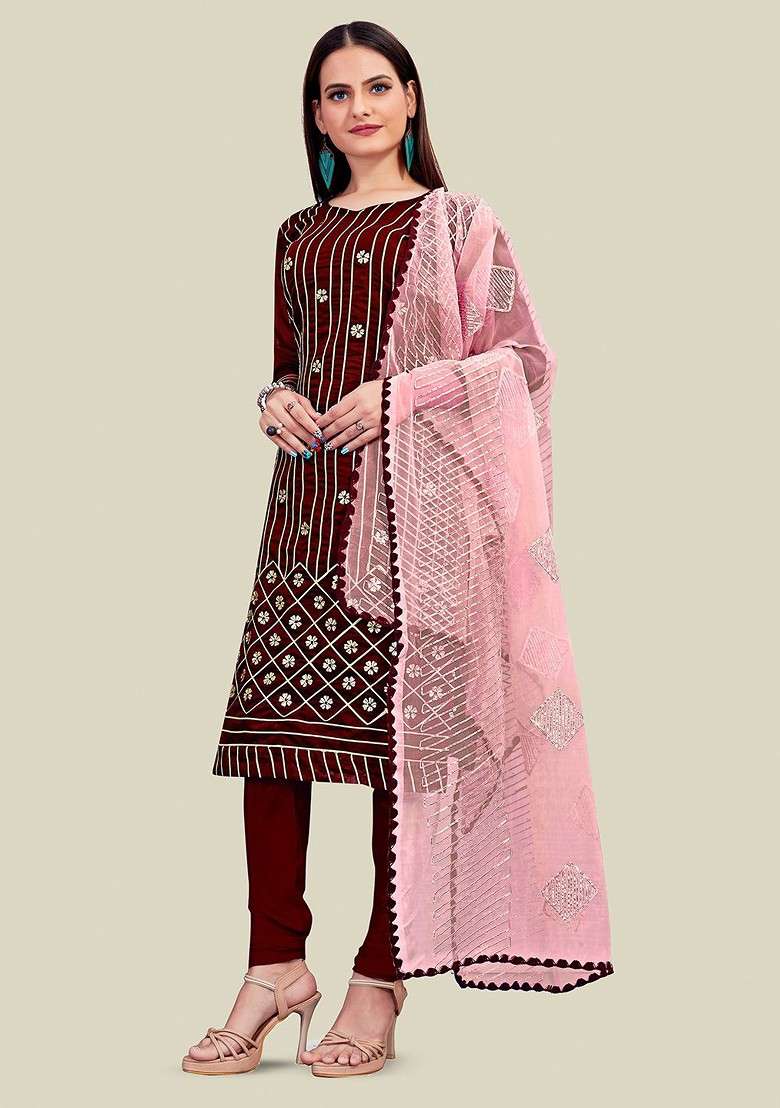 Maroon Embroidered Blended Straight Kurta Set - Indya