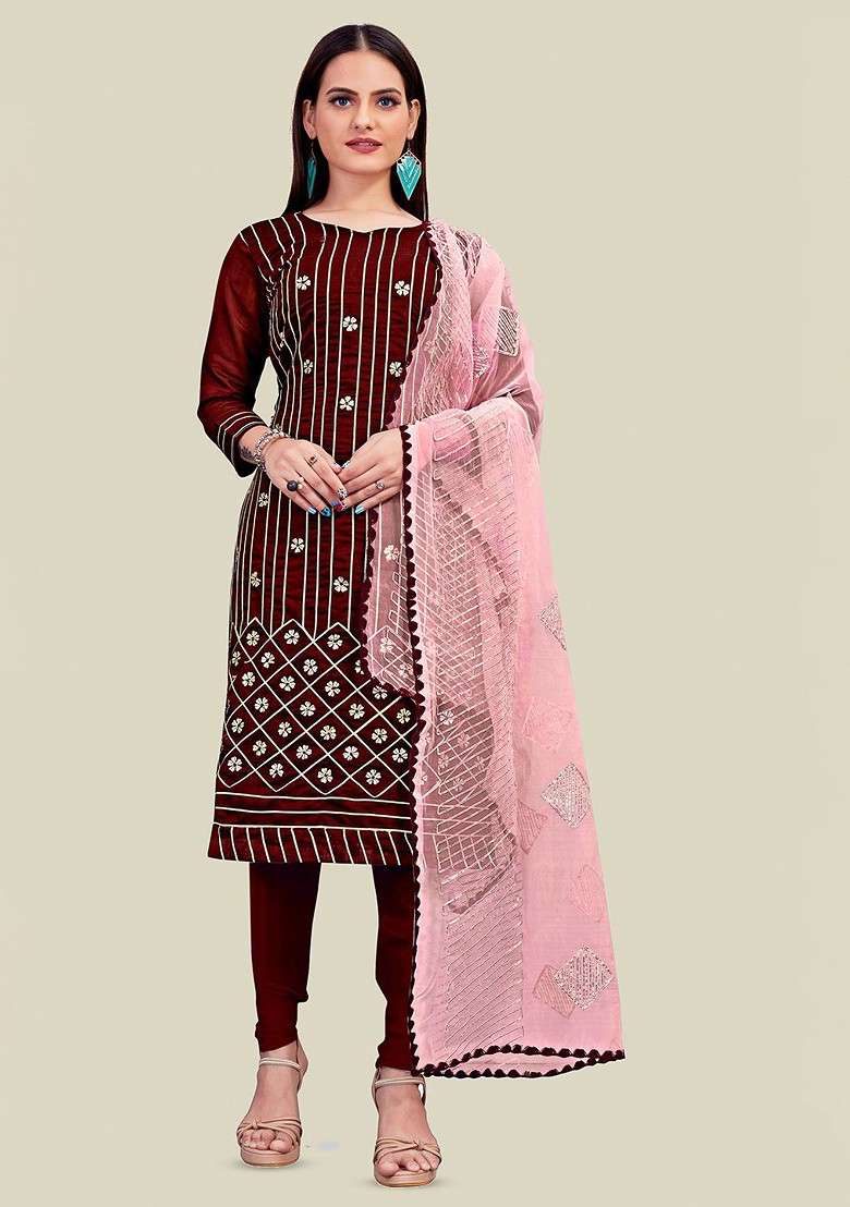 Maroon Embroidered Blended Straight Kurta Set - Indya