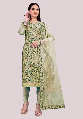 Olive Floral Print Poly Blend Kurta Set