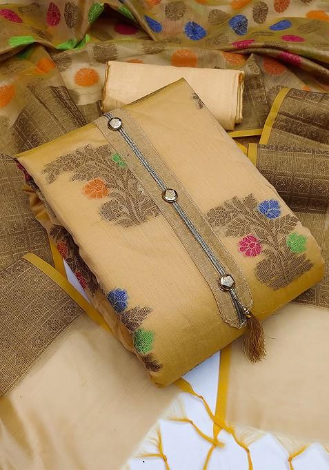 Beige Woven Poly Blend Kurta Set